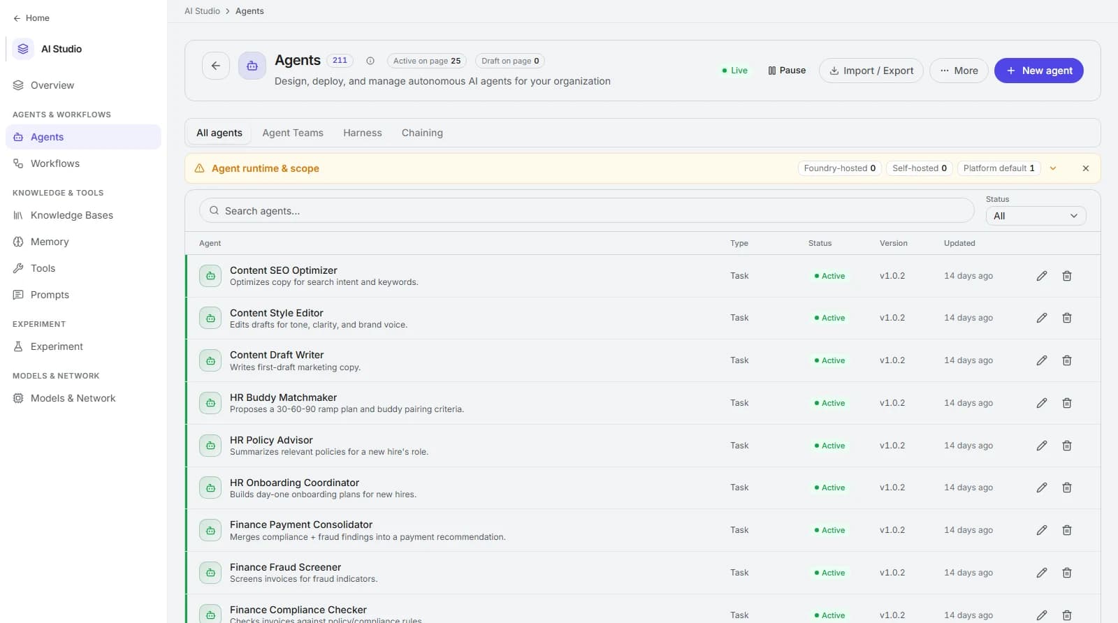 Bhogar AI Studio - Agents page listing task agents such as Content SEO Optimizer, HR Policy Advisor, and Finance Fraud Screener with status and version.