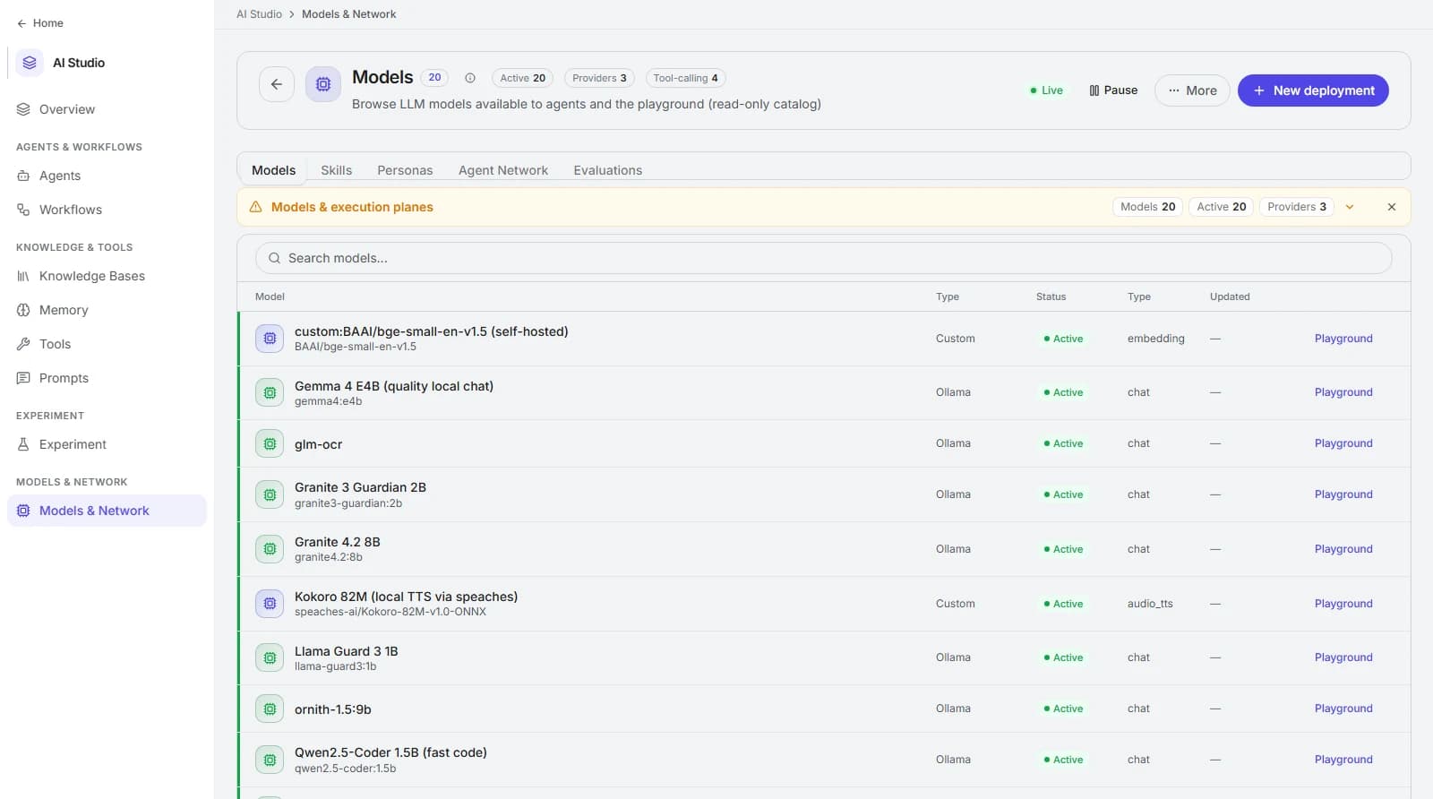 Bhogar AI Studio - Models page listing 20 active models across providers including self-hosted embeddings, Gemma, Granite Guardian, Llama Guard, and Qwen Coder.
