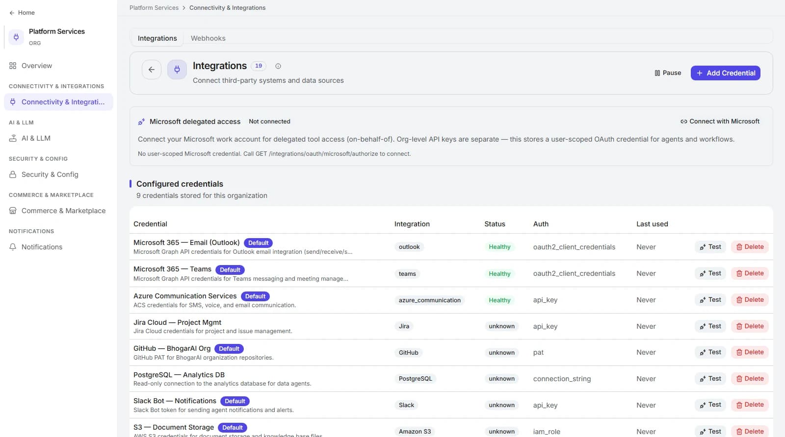 Bhogar Platform Services - Integrations page listing configured credentials for Microsoft 365 Outlook and Teams, Jira Cloud, GitHub, PostgreSQL, Slack, and Amazon S3 with health status.