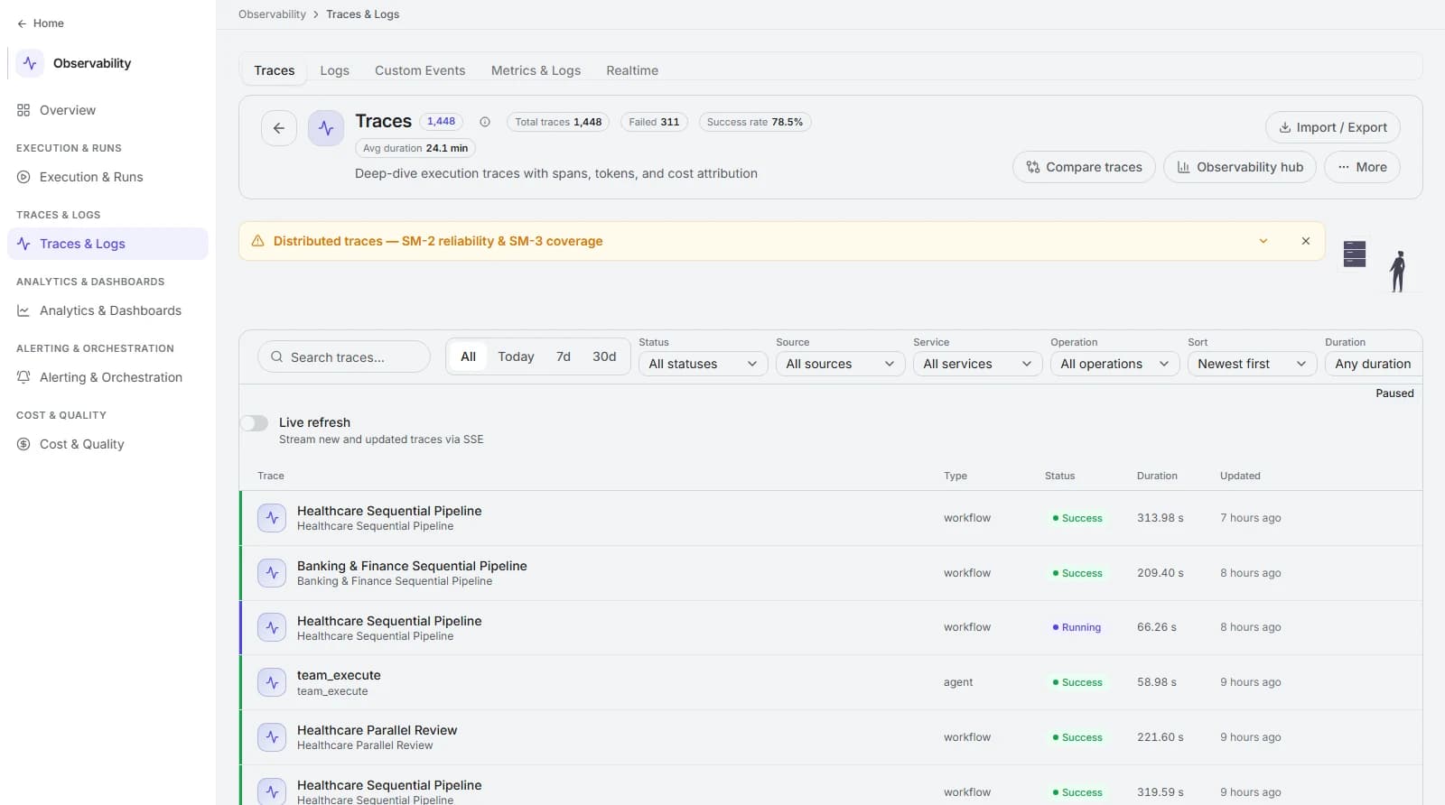 Bhogar Observability - Traces & Logs page listing workflow and agent traces with success and running status, duration, and live-refresh toggle.
